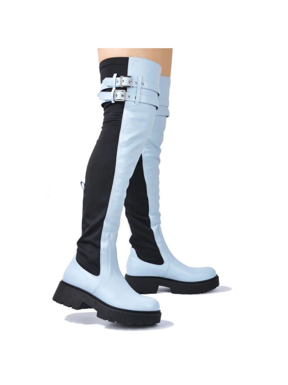 Techno Baby Blue Lycra Stretch Lug Sole Thigh High Combat Rider Brand New - Picture 16 of 16